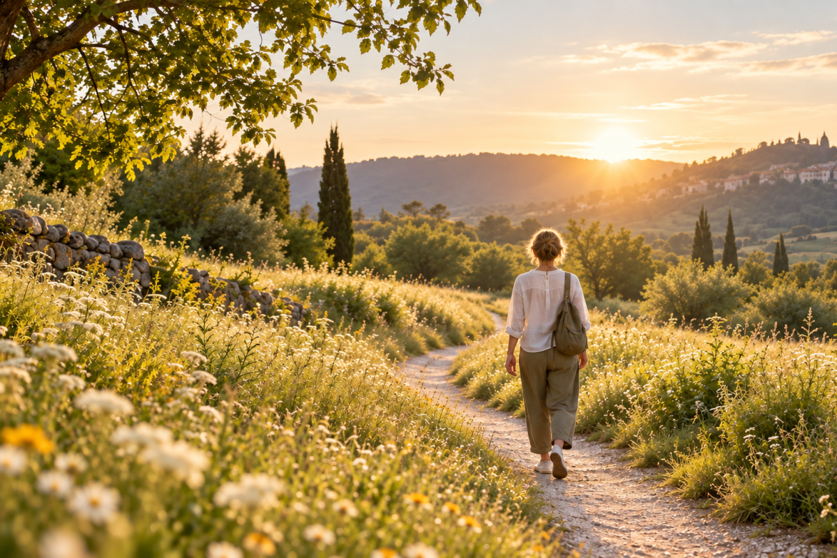 Frau geht selbstbestimmt auf einem sonnigen Weg durch die Natur