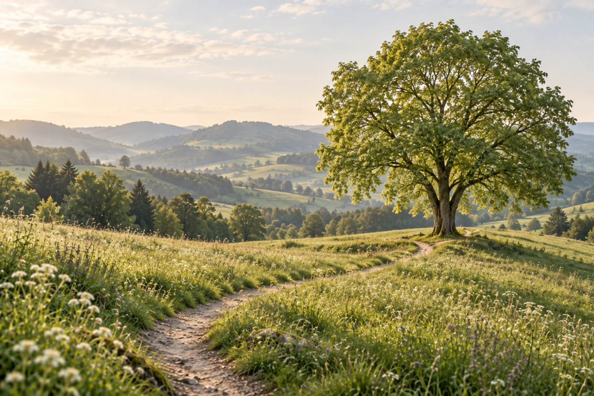 Sonniger Wiesenweg neben einer Linde in sanfter Hügellandschaft