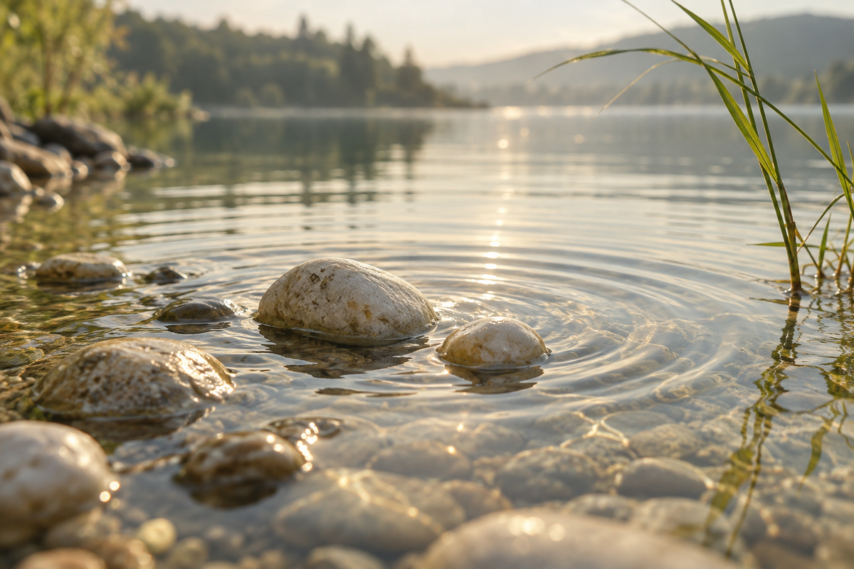 Helle Steine und sanfte Wasserringe an einem sonnigen Seeufer