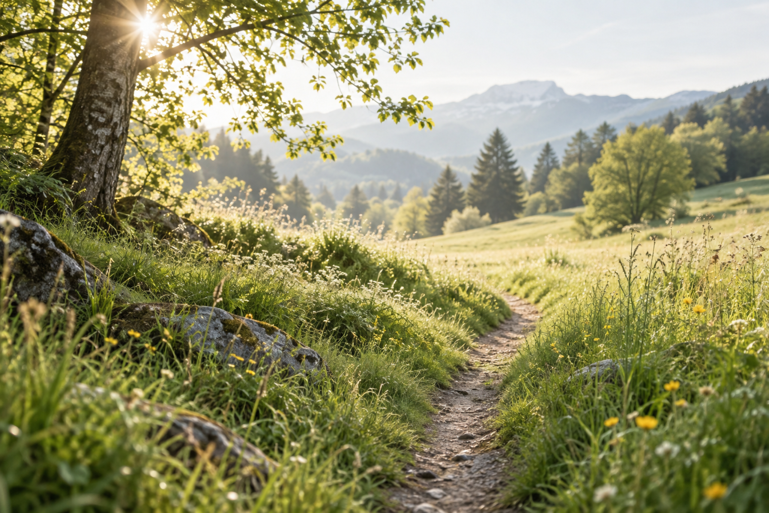 Sonniger Weg durch eine Blumenwiese